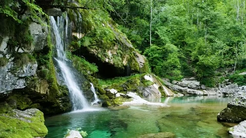 Approaching Virje Waterfall falling Into Charming Pool Of Green Emerges. Stock Footage 231202166