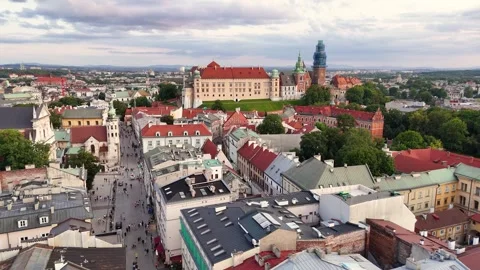 Approaching Wawel over the old quarters Stock Footage 296376788