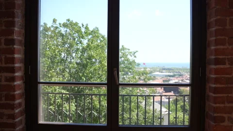 Approaching window view of tree and Marmara Sea from historic Istanbul building Video stock 312031632