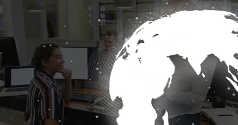 Approaching woman showing tablet chart to seated woman, office team high-fiving Stock Footage 331214547