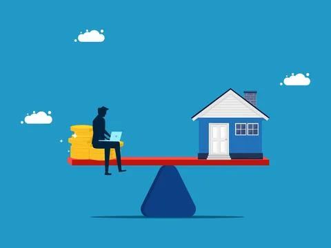 Appropriate value of property or purchase of property. man with money and hou Stock Illustration