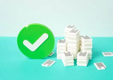 An approval checkmark and piles of documents and papers. Concept of bureauc.. Stock Photos