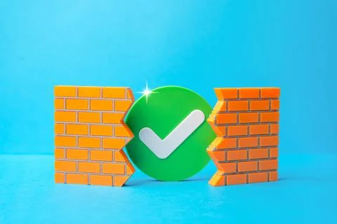 An approval checkmark breaking through a wall. Concept of overcoming obstac.. Stock Photos