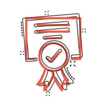 Approve certificate icon in comic style. Document check mark cartoon vector i Stock Illustration