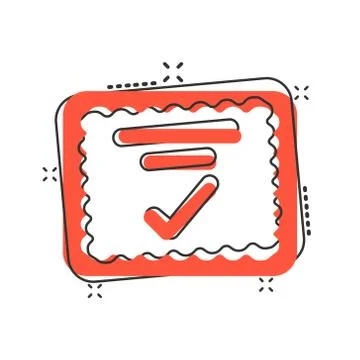 Approve certificate icon in comic style. Document check mark cartoon vector i Stock-Illustration