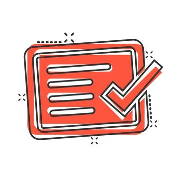Approve certificate icon in comic style. Document check mark cartoon vector i Stock-Illustration