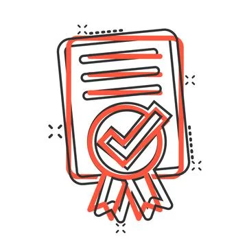 Approve certificate icon in comic style. Document check mark cartoon vector i 스톡 일러스트