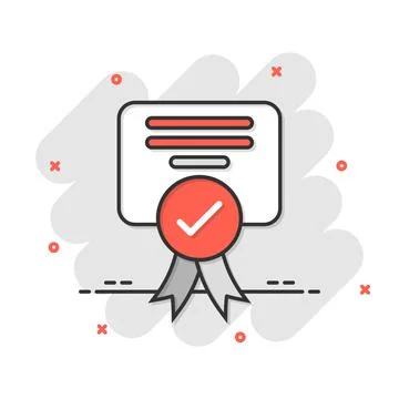 Approve certificate icon in comic style. Document check mark cartoon vector i 스톡 일러스트