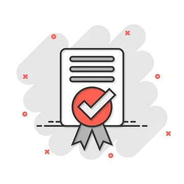 Approve certificate icon in comic style. Document check mark cartoon vector i 스톡 일러스트