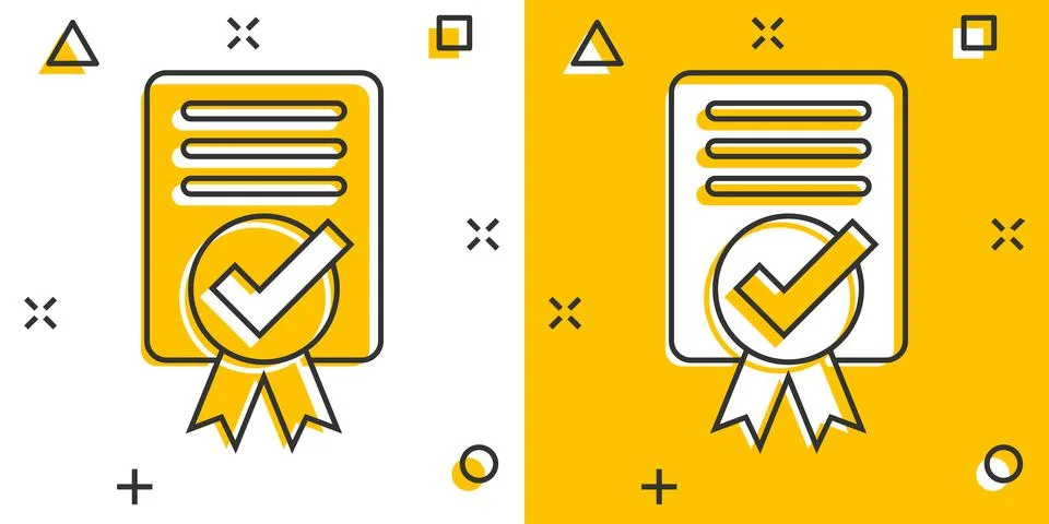 Approve certificate icon in comic style. Document check mark cartoon vector i Stock-Illustration