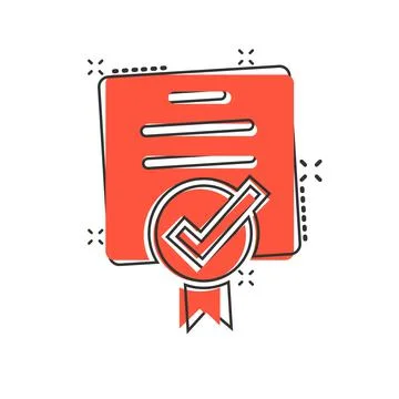 Approve certificate icon in comic style. Document check mark cartoon vector i 스톡 일러스트