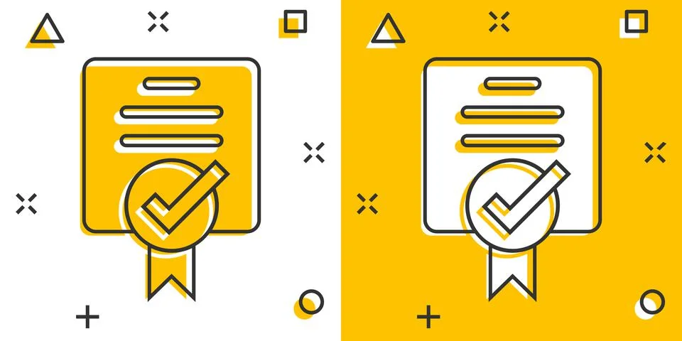 Approve certificate icon in comic style. Document check mark cartoon vector i Stock Illustration
