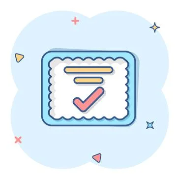 Approve certificate icon in comic style. Document check mark cartoon vector i 스톡 일러스트