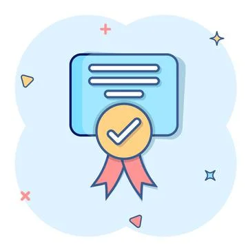 Approve certificate icon in comic style. Document check mark cartoon vector i Stock Illustration