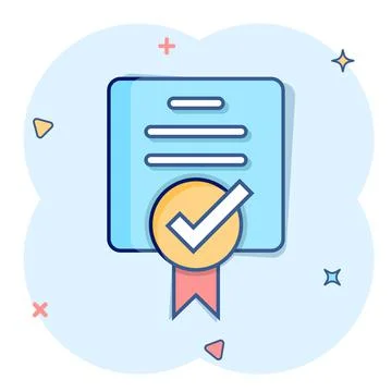 Approve certificate icon in comic style. Document check mark cartoon vector i 스톡 일러스트