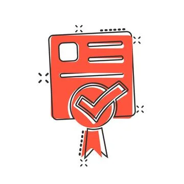 Approve certificate icon in comic style. Document check mark cartoon vector.. 스톡 일러스트