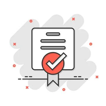 Approve certificate icon in comic style. Document check mark cartoon vector.. Stock-Illustration
