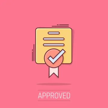 Approve certificate icon in comic style. Document check mark cartoon vector.. Stock Illustration