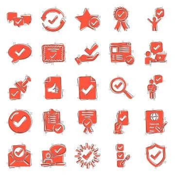Approve icon set in comic style. Check mark cartoon vector illustration on wh Stock-Illustration