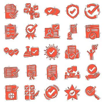 Approve icon set in comic style. Check mark cartoon vector illustration on wh Stock-Illustration