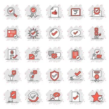 Approve icon set in comic style. Check mark cartoon vector illustration on wh 스톡 일러스트