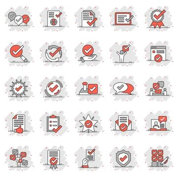 Approve icon set in comic style. Check mark cartoon vector illustration on wh Stock-Illustration