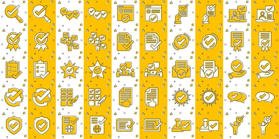 Approve icon set in comic style. Check mark cartoon vector illustration on wh Stock-Illustration