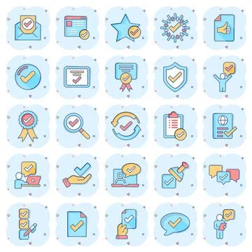 Approve icon set in comic style. Check mark cartoon vector illustration on wh Stock-Illustration