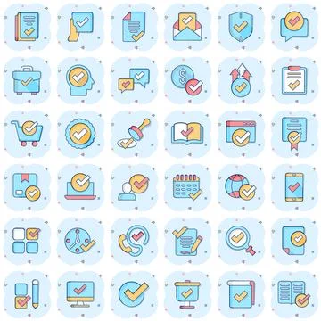 Approve icon set in comic style. Check mark cartoon vector illustration on wh Stock-Illustration