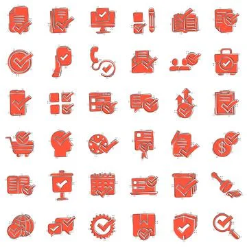 Approve icon set in comic style. Check mark cartoon vector illustration on .. Stock-Illustration