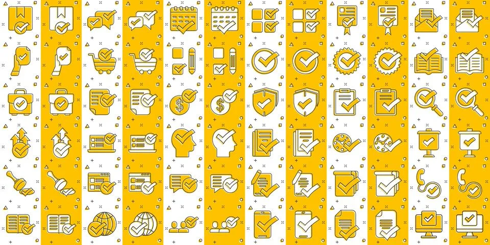 Approve icon set in comic style. Check mark cartoon vector illustration on .. Stock-Illustration