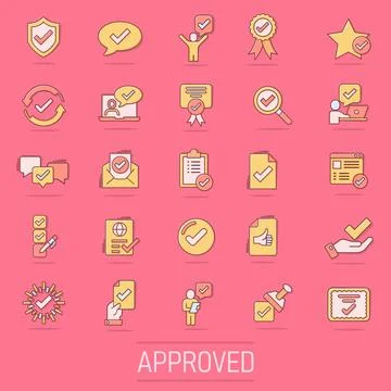 Approve icon set in comic style. Check mark cartoon vector illustration on .. Stock Illustration