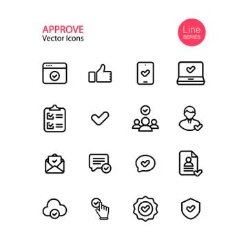 Approve line icon set. Editable Stoke. Tick, checklist, thumb up, pointing, q Stock Illustration