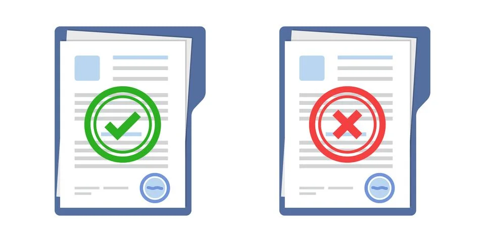 Approved and rejected document icon in flat style. Completed file vector il.. Stock Illustration