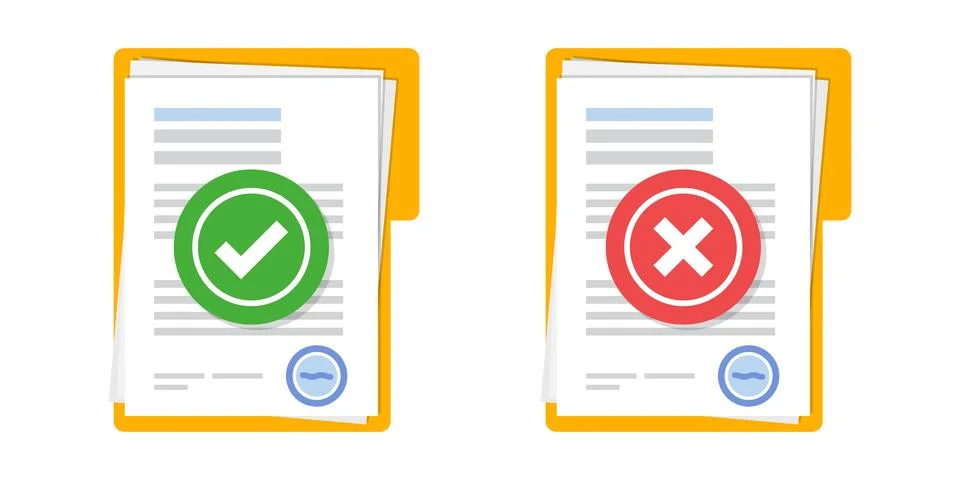 Approved and rejected document icon in flat style. Completed file vector il.. 스톡 일러스트