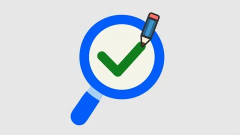 Approved checkmark on task verification with magnifying glass icon in cartoon Stock Footage 313510127
