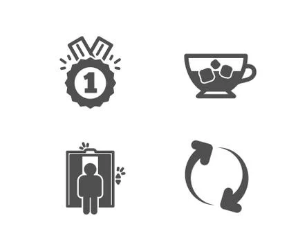 Approved, Cold coffee and Elevator icons. Refresh sign. Winner badge, Ice cubes Illustrazione stock