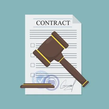 Approved contract with a hammer in flat style, business concept, vector Stock Illustration