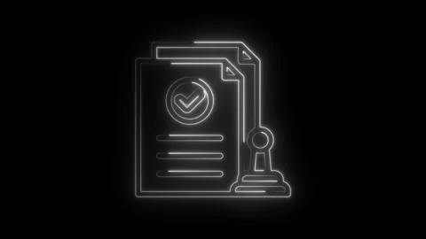 Approved document with checkmark and stamp neon outline animation on black Stock Footage 333955059