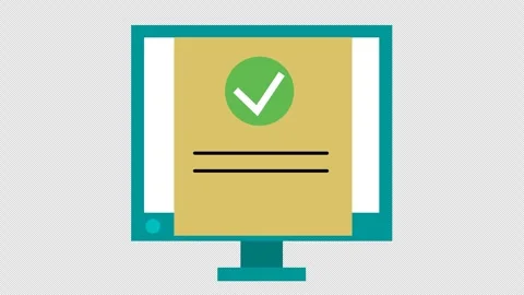 Approved document on computer in cartoon animation. Online digital confirmation Stock Footage 306247511