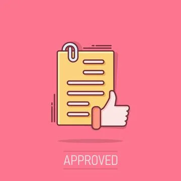 Approved document icon in comic style. Authorize cartoon vector illustratio.. Stock Illustration