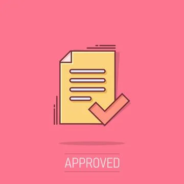 Approved document icon in comic style. Authorize cartoon vector illustratio.. Stock Illustration