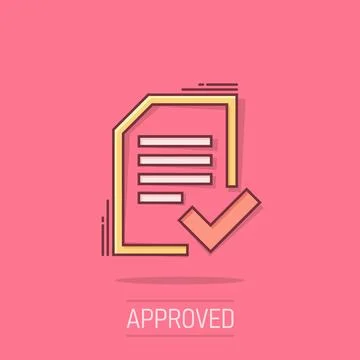Approved document icon in comic style. Authorize cartoon vector illustratio.. Stock Illustration
