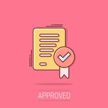Approved document icon in comic style. Authorize cartoon vector illustratio.. Illustrazione stock