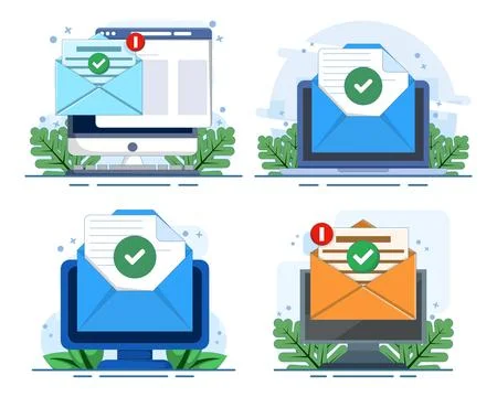 Approved email notification set with check mark Stock Illustration