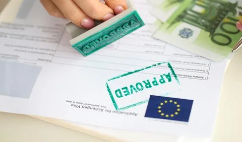 Approved EU visa application and cash euro banknotes Stock Photos