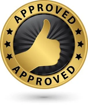 Approved golden label with thumb up, vector illustration Stock Illustration