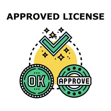 Approved license concept with checkmark and labels Illustrazione stock