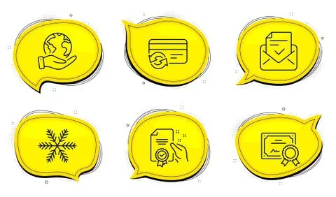 Approved mail, Certificate and Snowflake icons set. Change card sign. Vector 스톡 일러스트