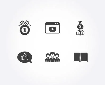 Approved, Manager and Video content icons. Feedback, Group and Book signs. 库存插图